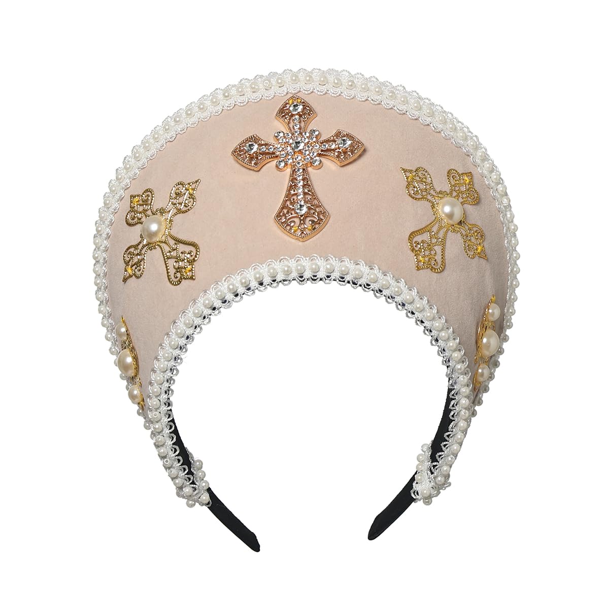 Tudor Queen Coronet Hooded Hat for Women Anne Boleyn Hat Headwear Elizabethan Headwear French Royal Headband for Cosplay Party,Beige