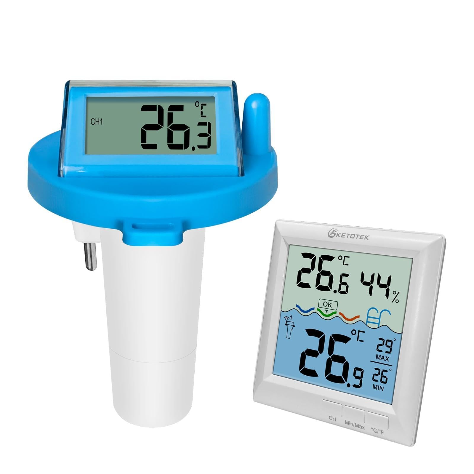 KETOTEK Poolthermometer Funk Schwimmendes Digitaler Wassertemperaturmesser für Schwimmbad, 60m Reichweite, IPX8 wasserdicht Präzises Thermometer für Badewanne, Teich, Aquarium
