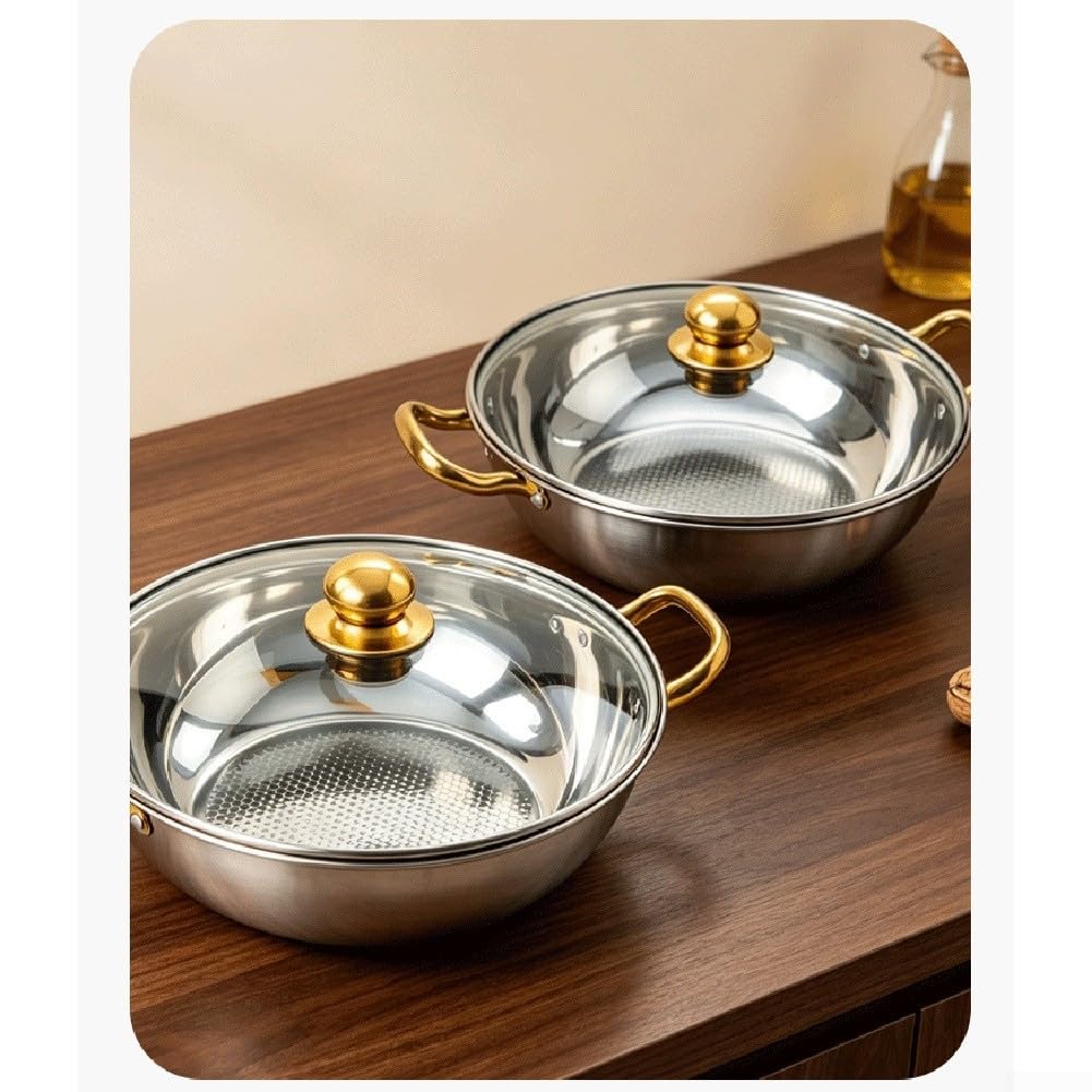 Set di pentole non wok in acciaio inox 201 con coperchio in vetro, per fornelli elettrici a induzione, finitura dorata, doppi manici (40 x 9,5 cm)