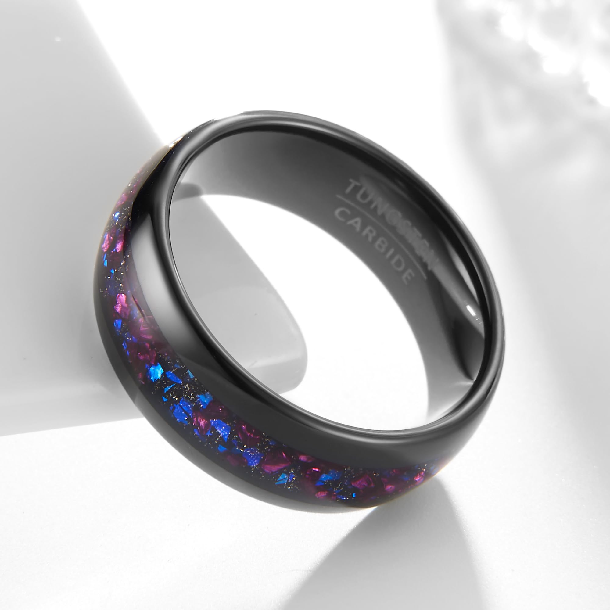 Anello Donna in Tungsteno Nero Larghezza 8mm con Intarsio Multicolore Effetto Opale - Fascia per Matrimonio o Statement (Misura USA)