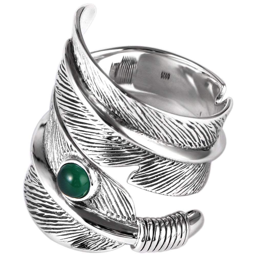 Frauen einstellbarer Ring, S925 Eingelegtes grüne Achatfedern Neuheit Open Finger Ring für Hochzeits Geburtstagsfeier Schmuck