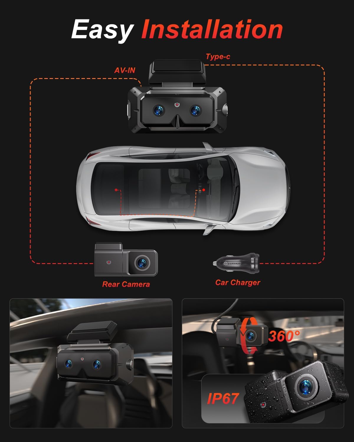 2K 5 GHz kamera samochodowa z przodu i z tyłu, kamera samochodowa IPS, 3 kanały Dashcam, GPS, ADAS i BSD, noktowizor WDR, sterowanie głosem, aplikacja, czujnik G, 24H, tryb parkingowy+64G, AKEEYO-EYES
