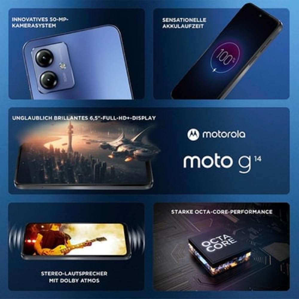 Motorola moto g14 (8/256 GB espandibile, Doppia fotocamera 50MP, Display 6.5" FHD+, Unisoc T616, batteria 5000 mAh, Dual SIM, Android 13, Cover Inclusa), Blu (Blue)