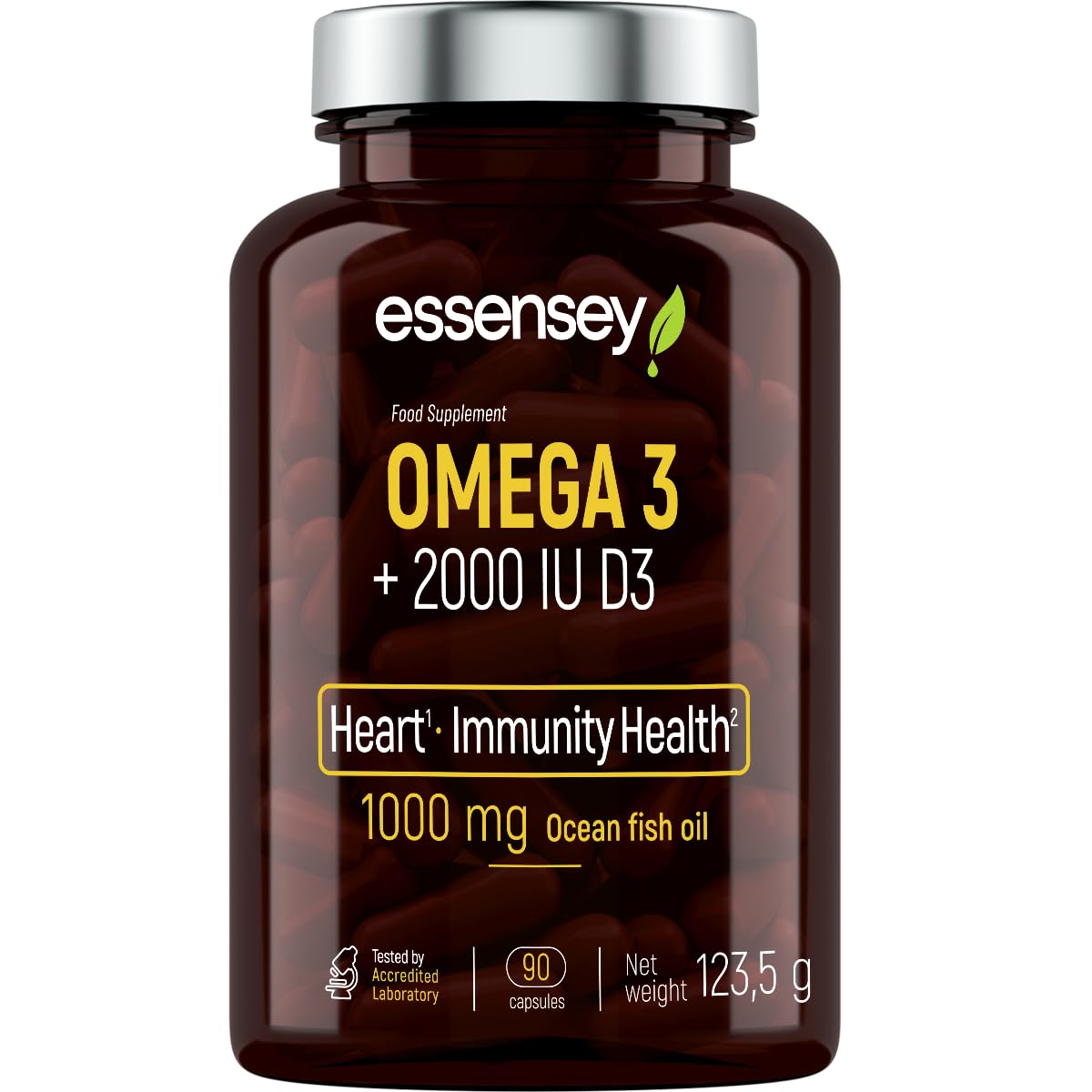 Essensey Omega 3 + D3 2000 IU | Immune Support & Bone Health | Fish Oil Supplement with EPA & DHA | 90 Capsules