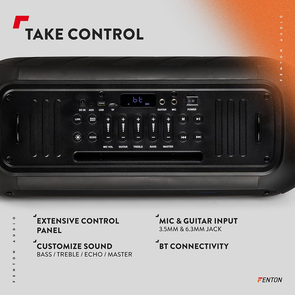 Fenton Core120 - Scatola musicale Bluetooth grande, 180 W, batteria 12 ore, microfono karaoke, BT 5.3, cinghia a tracolla, telecomando, scatola Bluetooth, per feste e feste, per la musica, portatile