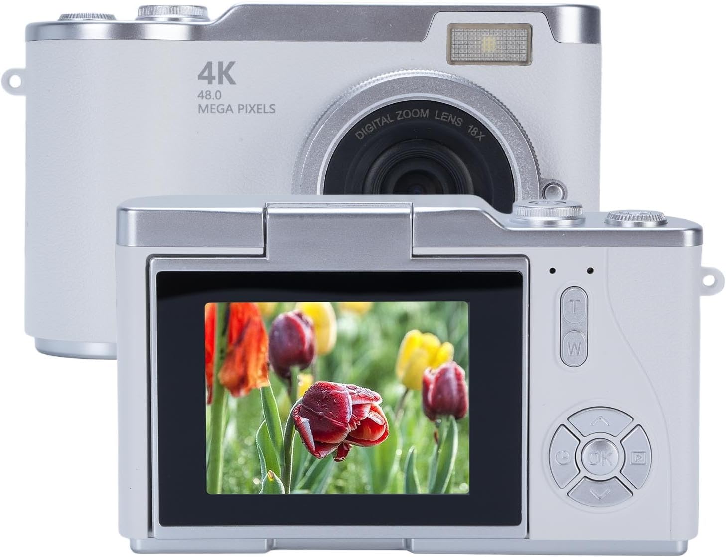 Digital Camera, 1080P HD 48MP Digital Point & Shoot Camera with 2.4 Inch HD Flip Screen, Built in LED Fill Light, 8X Digital Zoom, for Teens Students (White)