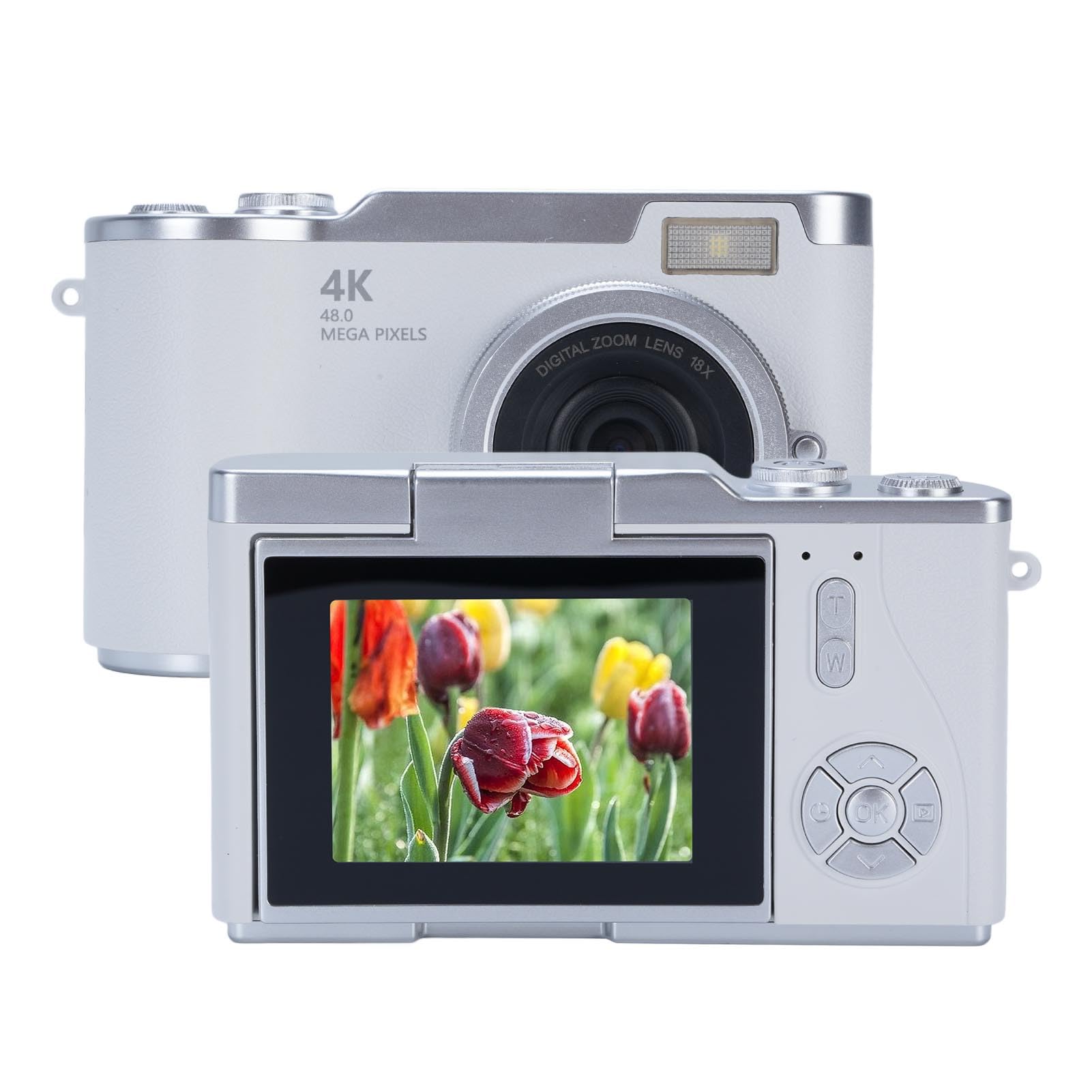 48MP Digital Camera with 2.4 inch Flip Screen, 1080P Video Recorder, 8X Zoom, 4H Battery, Support 128GB, for Photography and Video, Built in LED Light (White)-image-20