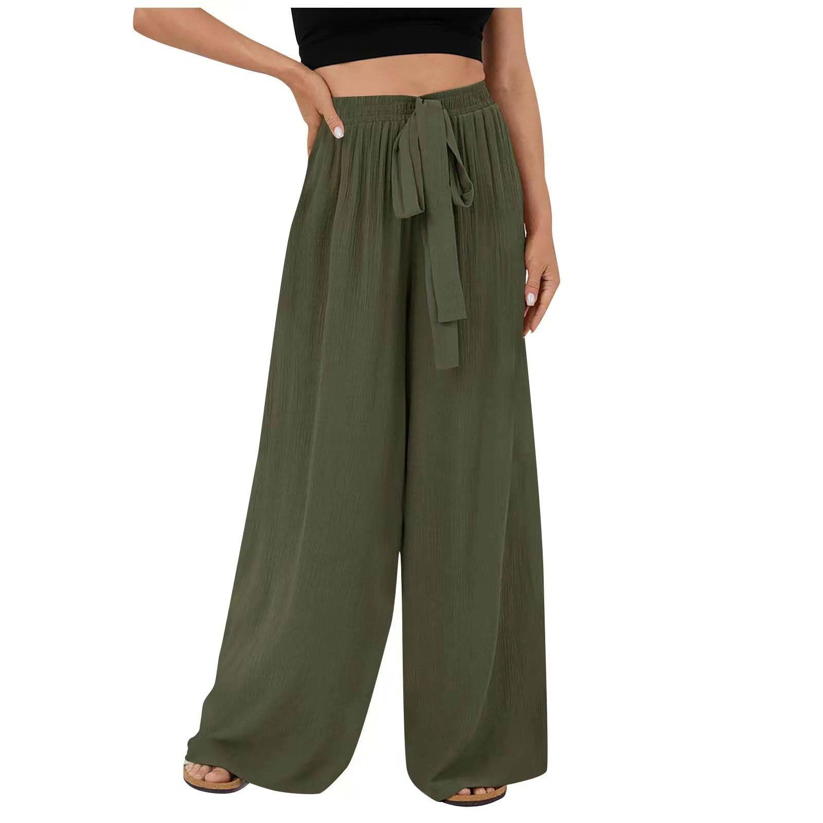 Women Fall Wide Leg Pants Plain Tie Waist Ruched Flowy Pants Casual Holiday Beach Pants Comfortable Go Out Pants