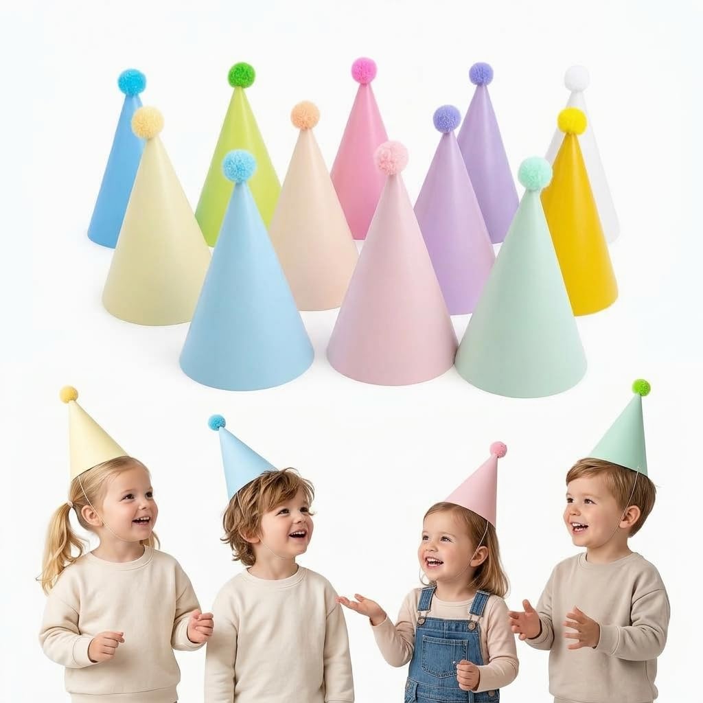 Koilife 12 Pcs Colorful Paper Cone Birthday Hats for Kids and Adults