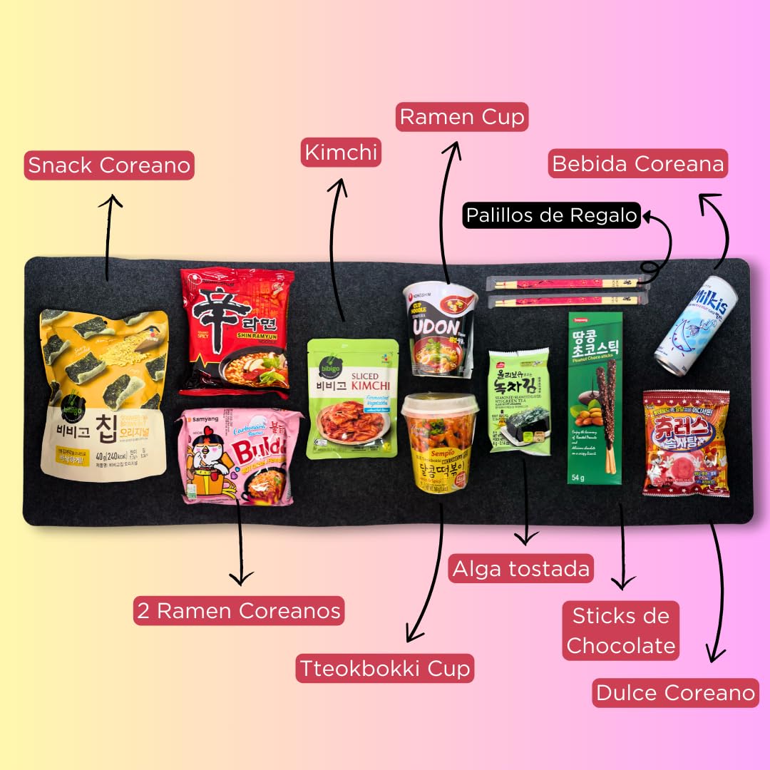 Korean Market | Caja Sorpresa de Comida Coreana (Starter Edition) | Para 1 o 2 Personas | Snacks, Ramen, Kimchi, Tteokbokki, Algas, Dulces y Palillos