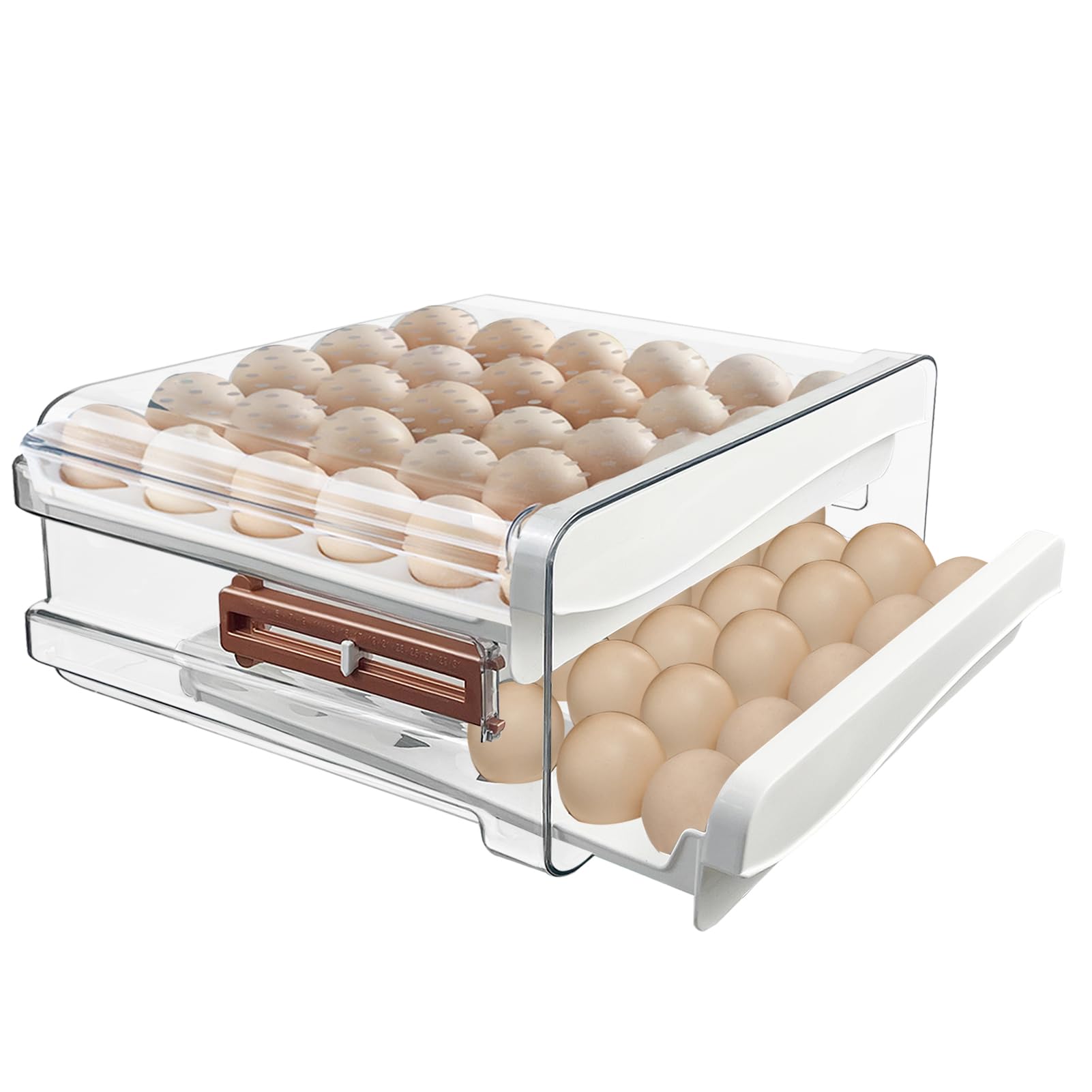 Wensdr 60 Egg Drawer Organizer for Refrigerator,2 Layers Transparent Egg Holder Tray for Fridge Stackable Eggs Storage Tray with Timescale