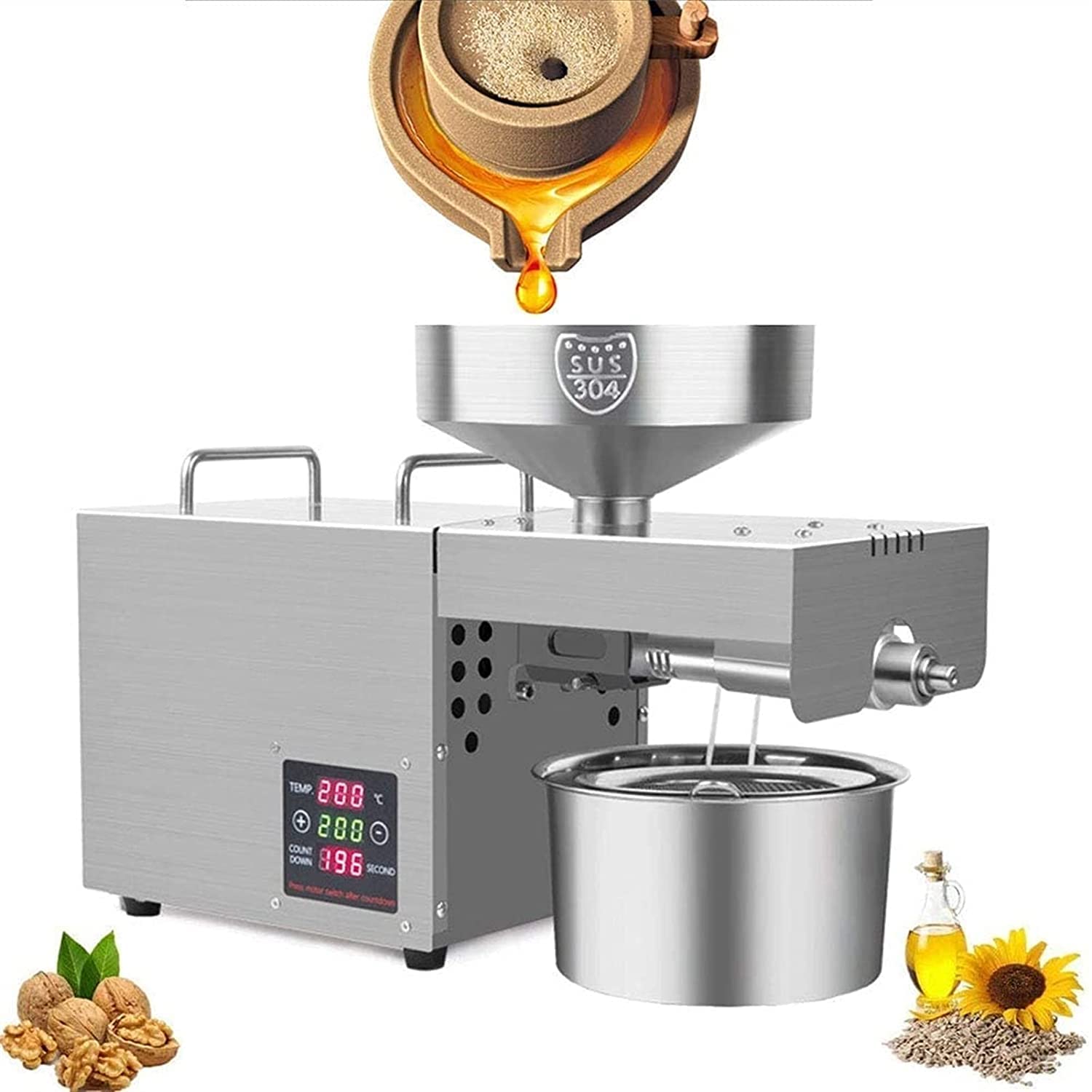Aserzenith 1 Oil Press Machine 610W, Automatic Cold/Hot Expeller Healthy Oil Extractor Stainless Steel Seed Oil Press For Coconut Olive Peanuts Commercial/Household