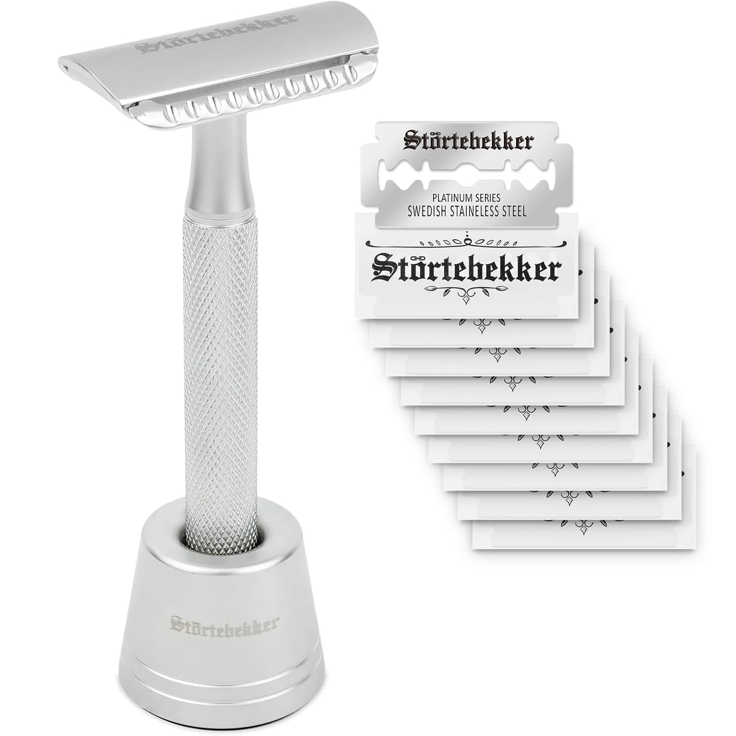 Störtebekker® Premium Rasierhobel 'Oslo' im Set mit Störtebekker Premium Rasierständer 'Oslo' in Silber - Edle matte Optik, rutschfester Griff, massiver Stand - Rasierset Herren - Geschenkidee