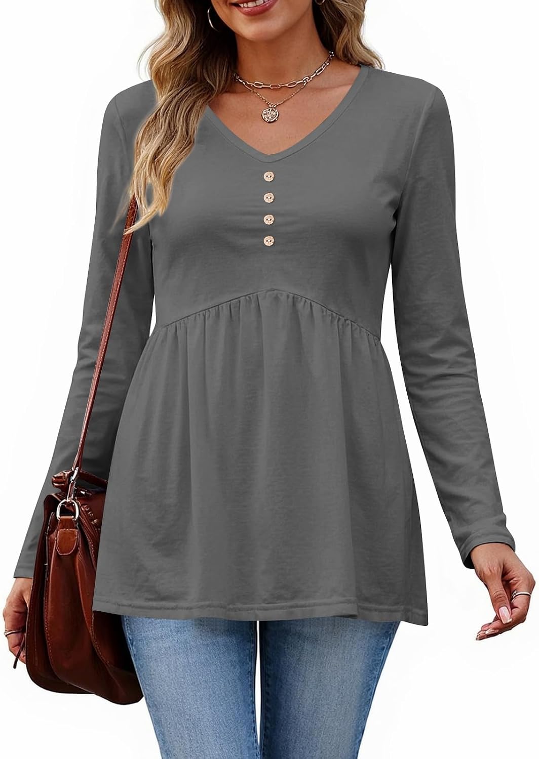 Womens Long Sleeve Shirts Dressy Casual Flowing Hem Blouse Trendy Soild V Neck Button Tunic Fall Basic Loose Tops