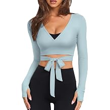 Pilates Wrap Top for Women Long Sleeve Cropped Tie Front Back V Neck, Secure Fit Ballet Top for Yoga Dance Workout