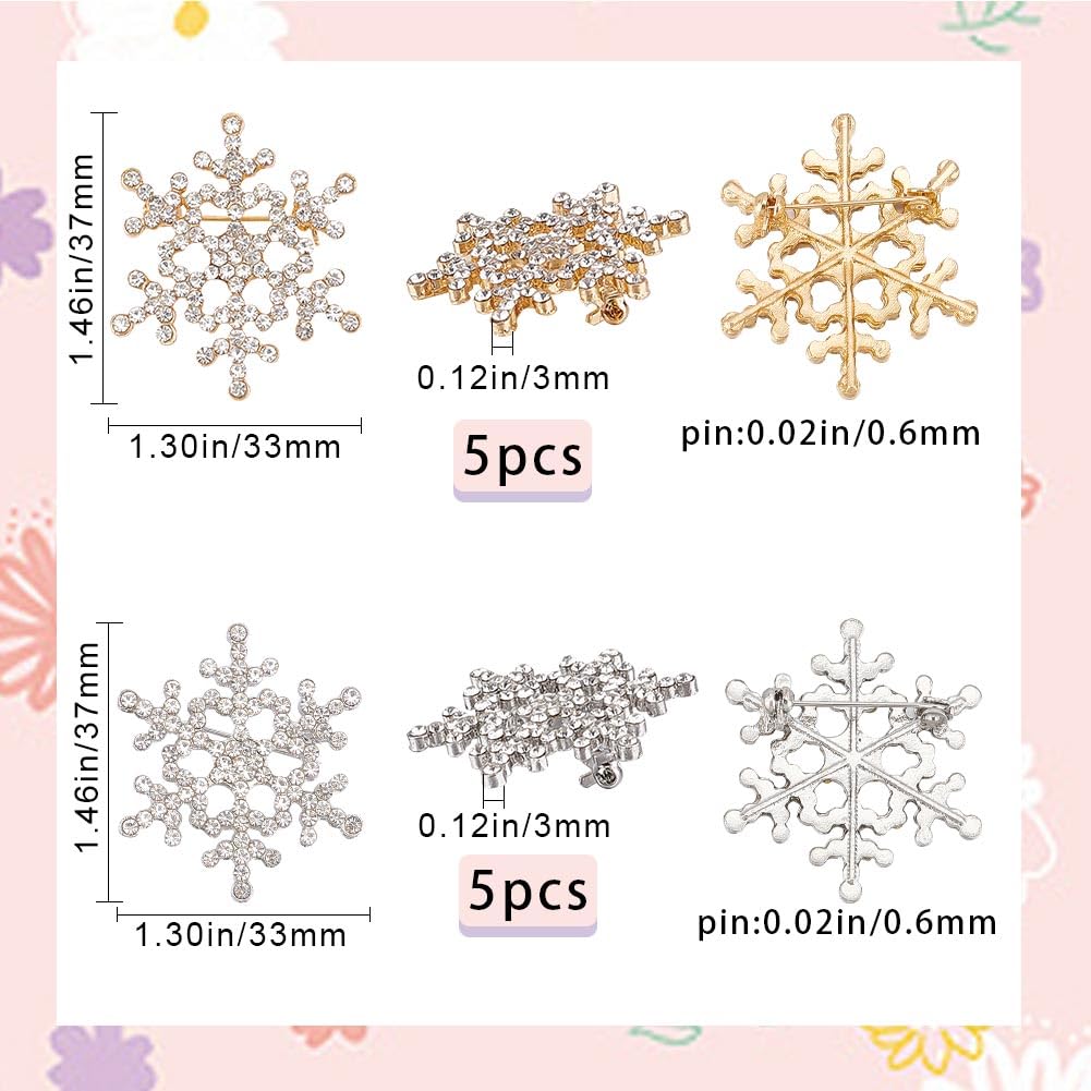 GORGECRAFT 10Pcs 2 Colors Christmas Snowflake Brooch Pin Crystal Rhinestone Breastpin Flower Embellishment Button Lapel Badge Pin for Woman DIY Wedding Bridal Dress Bouquet Decor Gold Silver