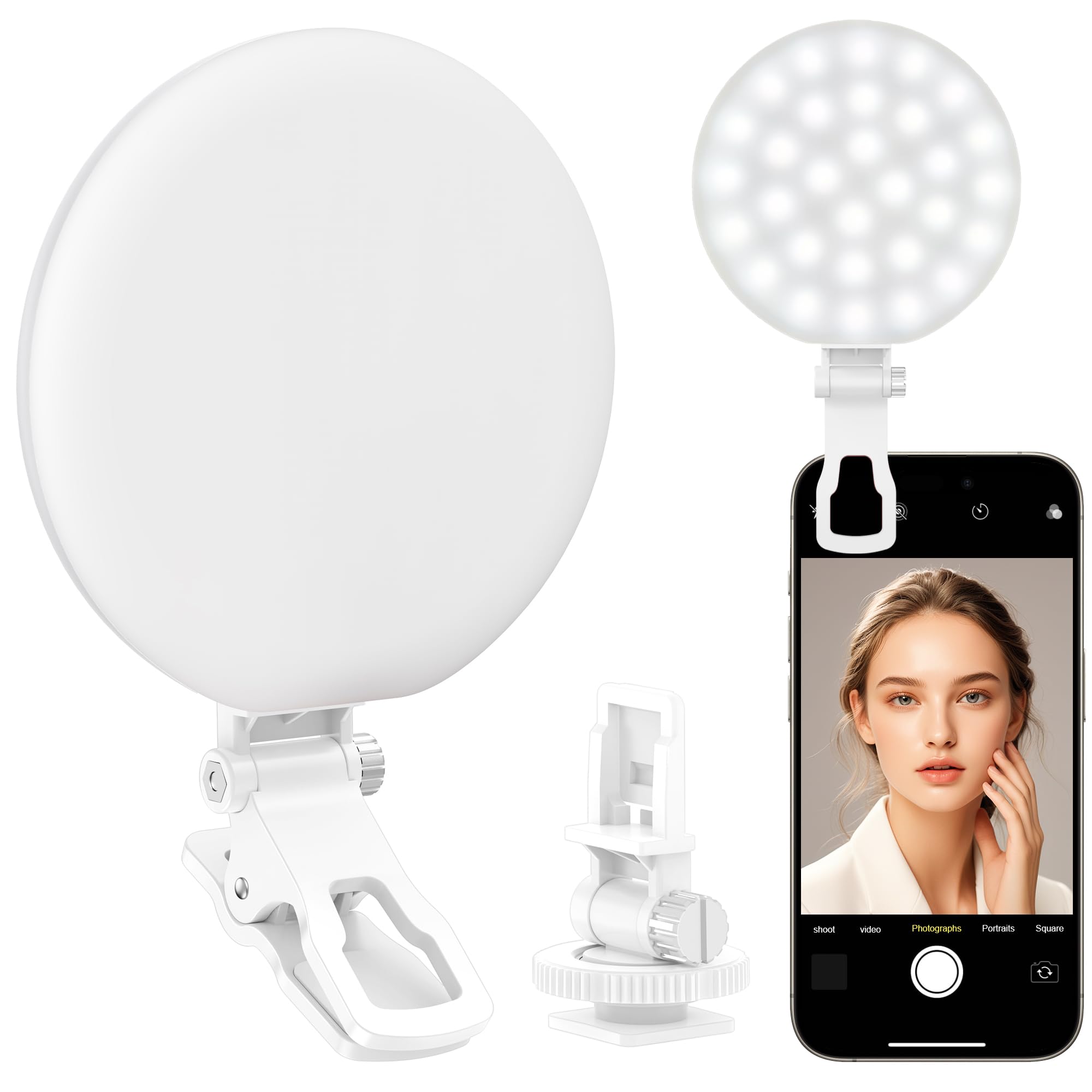 Anautin 60 LED Ring Light, Rechargeable Selfie Light with Front & Back Clip, 2500-6500K Portable Phone Light, Adjustable 3 Light Modes for iPhone, iPad, Tablet, Laptop, CRI97+, 90 Grams (White)