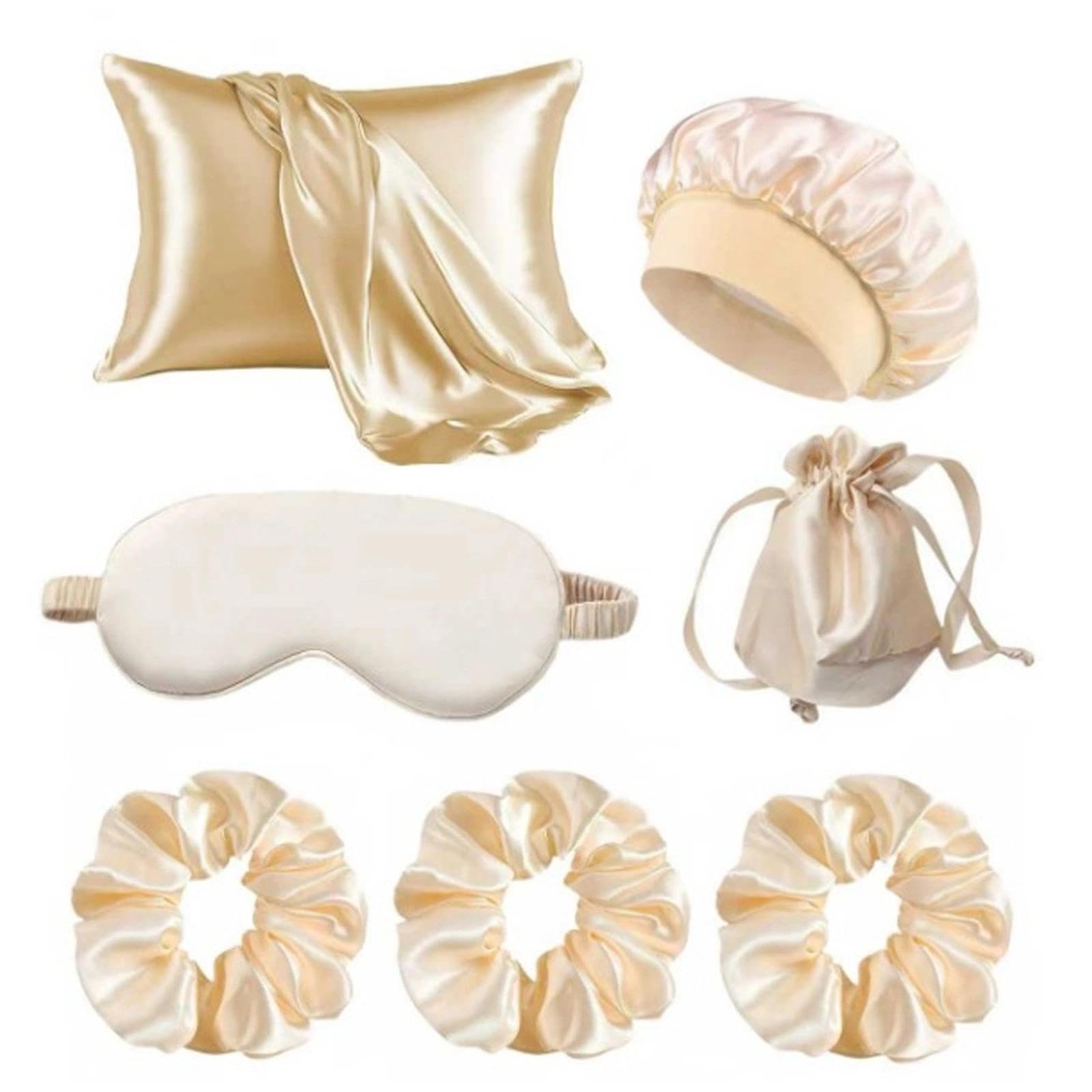 Satin Pillowcase Set for Hair and Skin, 7PCS Sleep Care Kit with 2 Satin Pillowcases, Sleep Bonnet, Eye Mask & 3 Scrunchies, Silky Cooling Pillow Covers with Envelope Closure, 50x75 cm