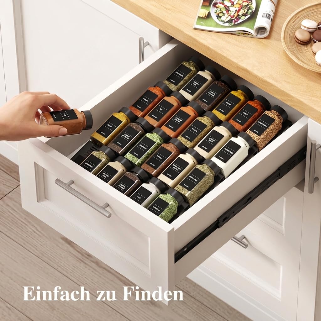 Lifewit Gewürzregal Schublade mit 24 Gewürzgläser und 250 Gewürzetiketten | Verstellbarer Gewürz Organizer mit Kleber und Antirutschpads, Gewürzhalter für Schubladen mit mindestens 7,5cm Ihnnenhöhe