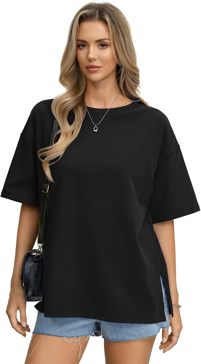 Womens Cotton Oversized T Shirts Side Slit Tops Loose Fit Tee Crewneck Short Sleeve Summer Clothes 2026 - Image 2