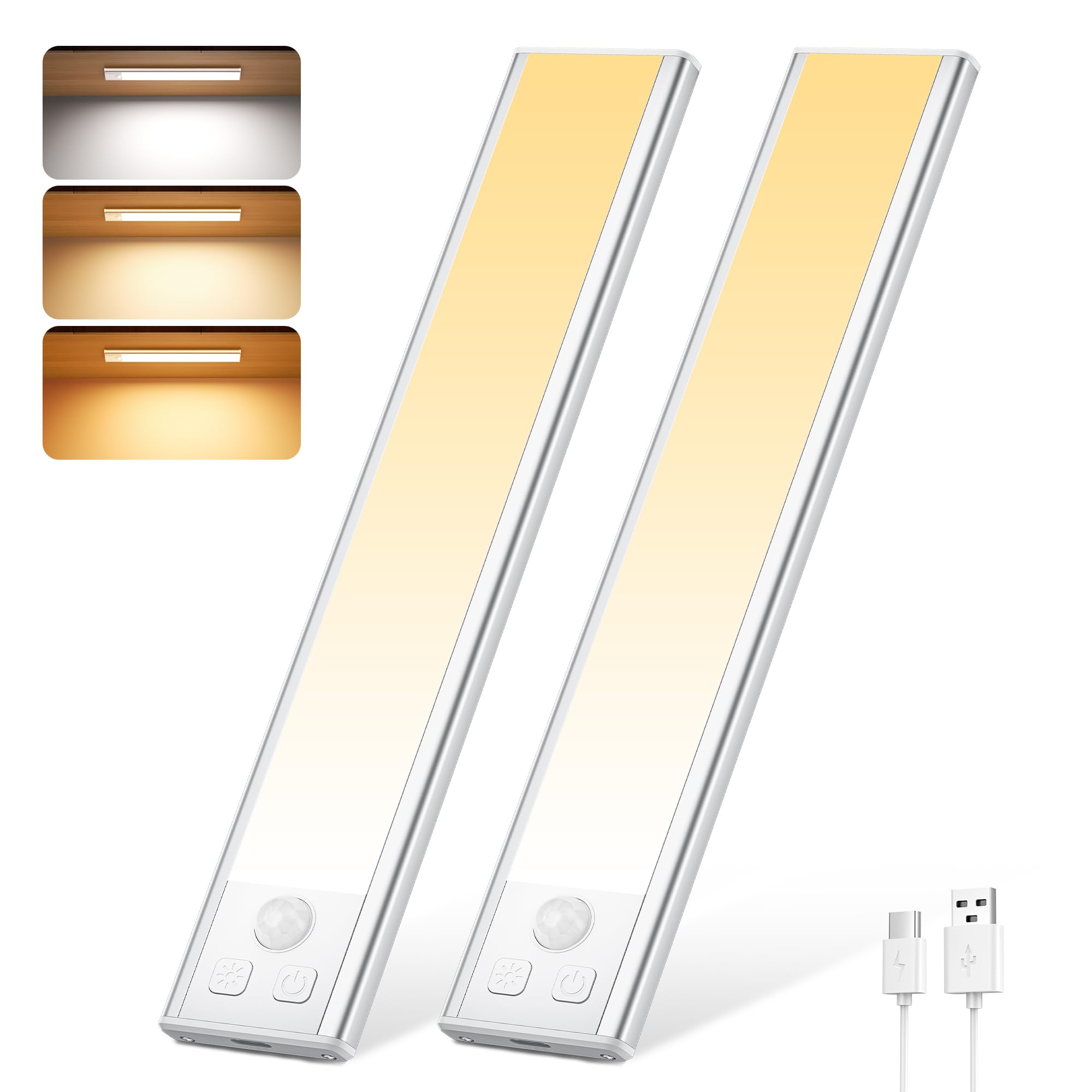Unterbauleuchte Küche LED 20.5CM, 3 Stück LED Schrankbeleuchtung mit Bewegungsmelder Stufenlose Dimmbar Unterbauleiste Led Leiste Aufladbar Nachtlicht für Küche Spiegelschrank Bücherregal Treppe