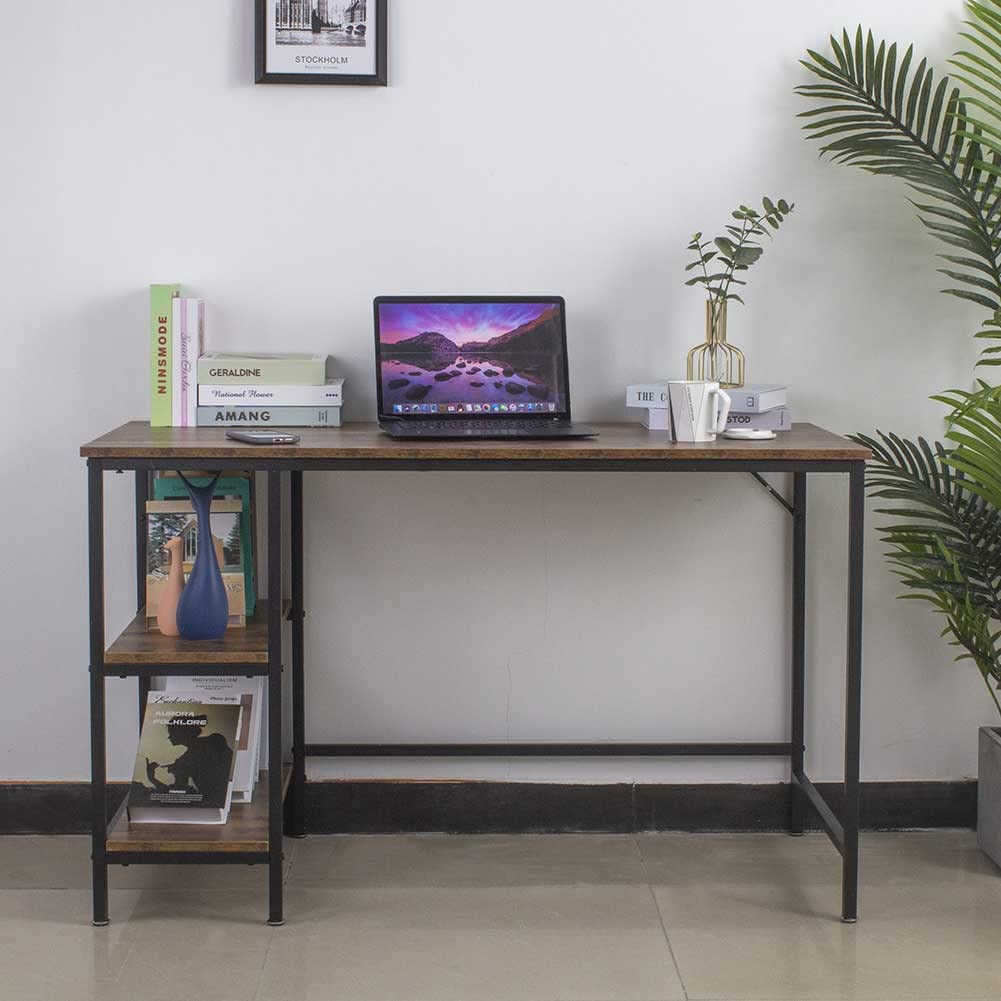 BAKAJI Escritorio Mesa De Trabajo Porta PC Ordenador Altura Regulable Mesa Sofá Con Tablero Y Estante Inferior De Madera MDF Estructura Metal Diseño Moderno 60 X 40 X 86 Cm (Nogal