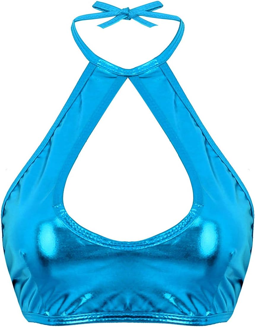 Shinsto Women's Shiny Metallic Halter Keyhole Crop Tops Vest Backless Bra Rave Dance Bustier