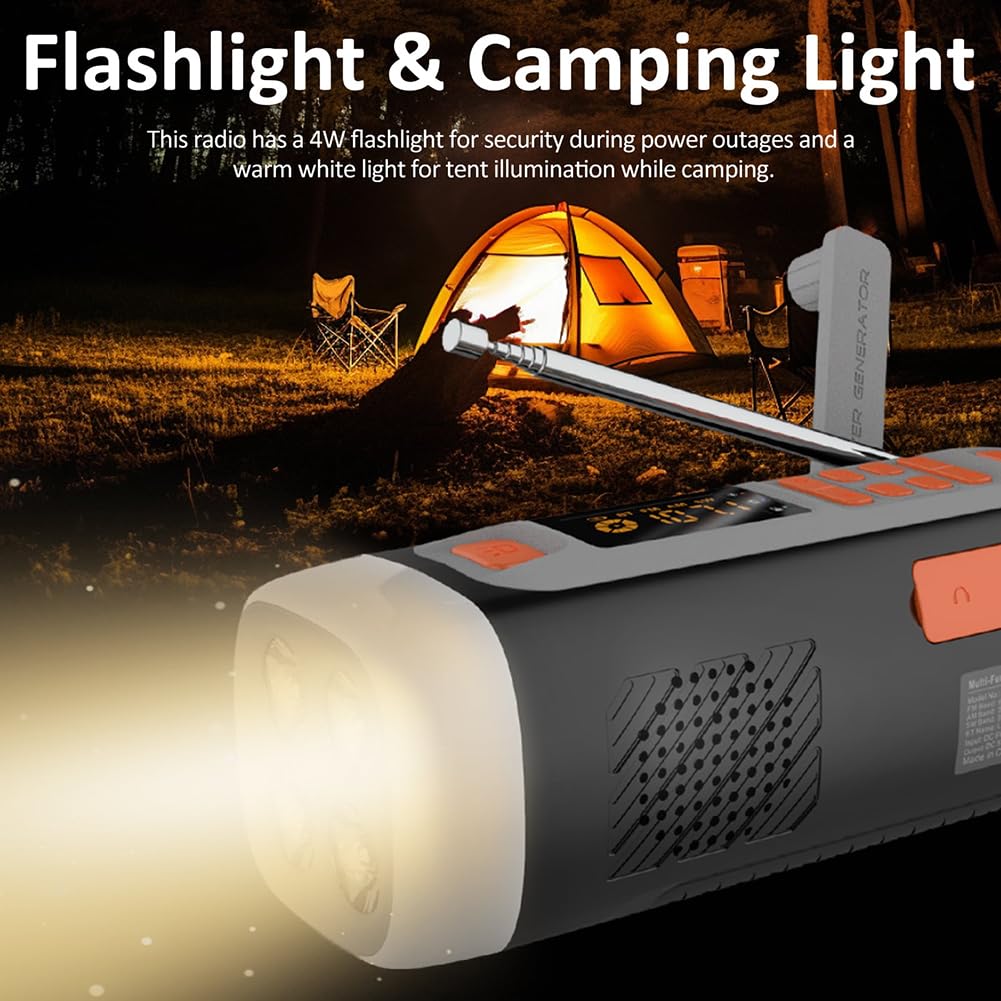 Radio de Emergencia 4500mAh Am/FM/SW con Altavoz BT, Carga USB-C/Solar/Manivela, Batería, Linterna, Alarma SOS y Conector para Auriculares