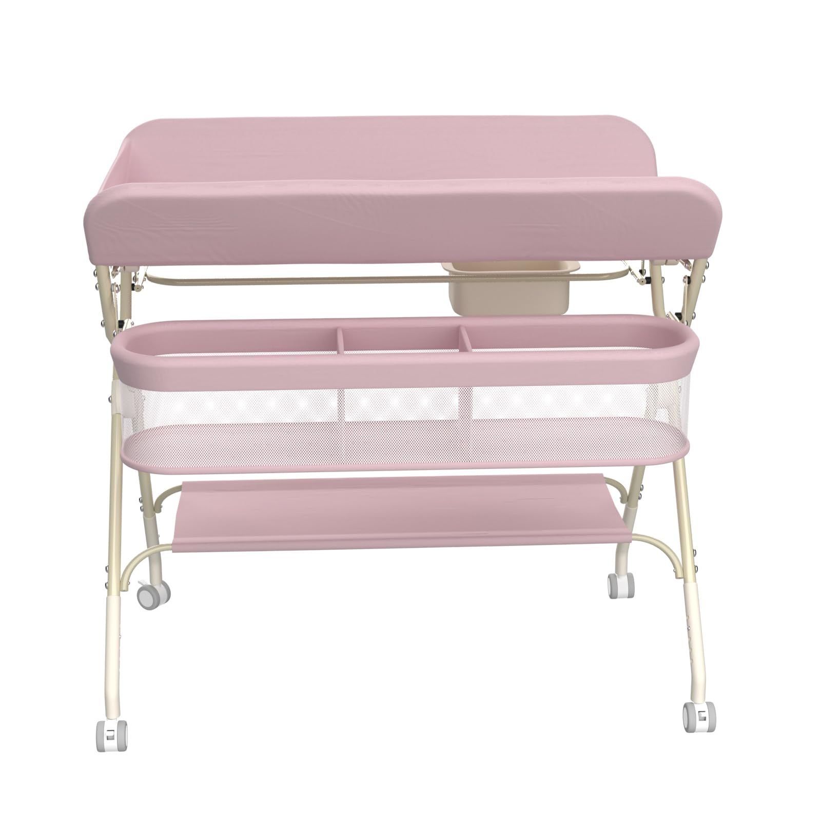 Klappbare Wickelkommode, Baby Wickelkombi, mobiler Wickeltisch mit Wickelauflage und Ablagefächern, platzsparend und stabil,75 x 68 x 83–91 cm (A) (Rosa)
