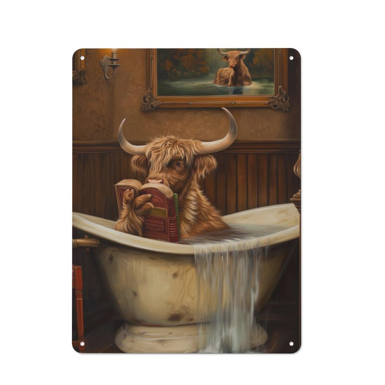 Junmoney Highland Cow Bathroom Book Retro Metal Wall Sign 40X30cm With For Bar Or Restaurant, Gift Idea For A New Home And Metal Sign Collection