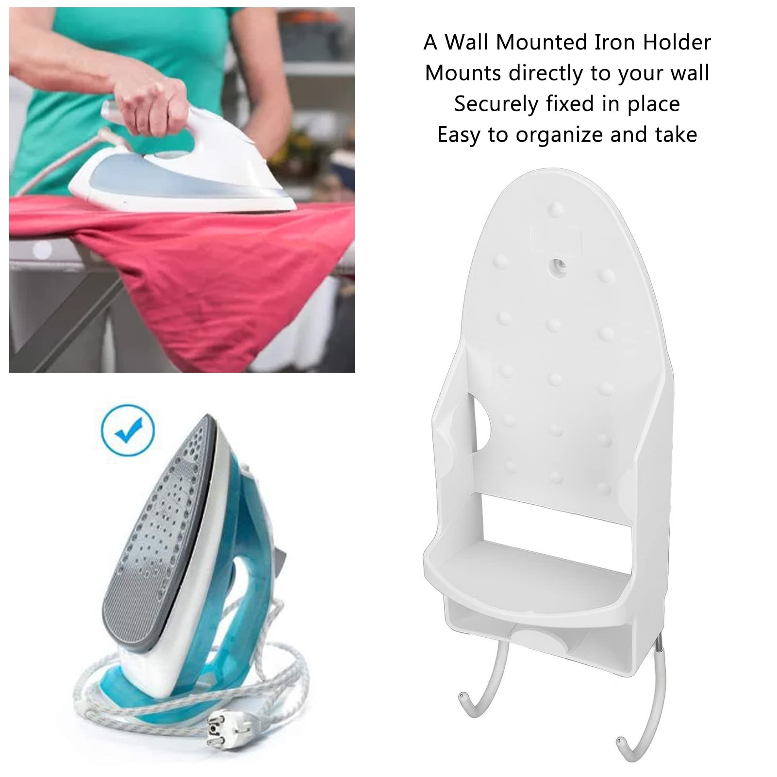 TEUOPIOE Ironing Board Holder Wall Mount Ironing Board Hanger Ironing Board Electric Iron Holder Heat Resistant 2 in 1 Wall Mounted Iron Board Rack with Hook for Home Bathroom (White)