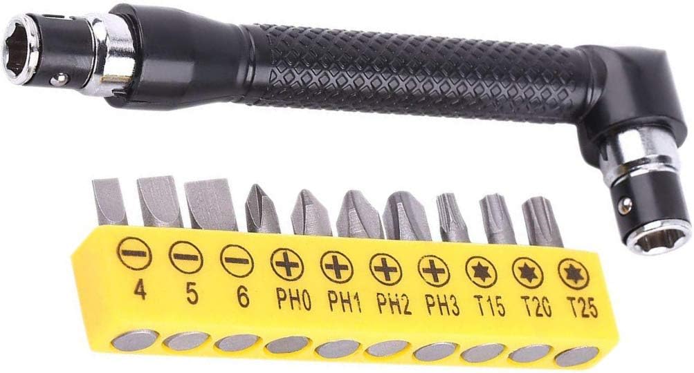 Double Head L-shaped Socket Wrench Extension Handle 1/4'' Hex Shank 90 Degree Right Angle Screwdriver Adapter, with 10Pcs Screwdriver Bits