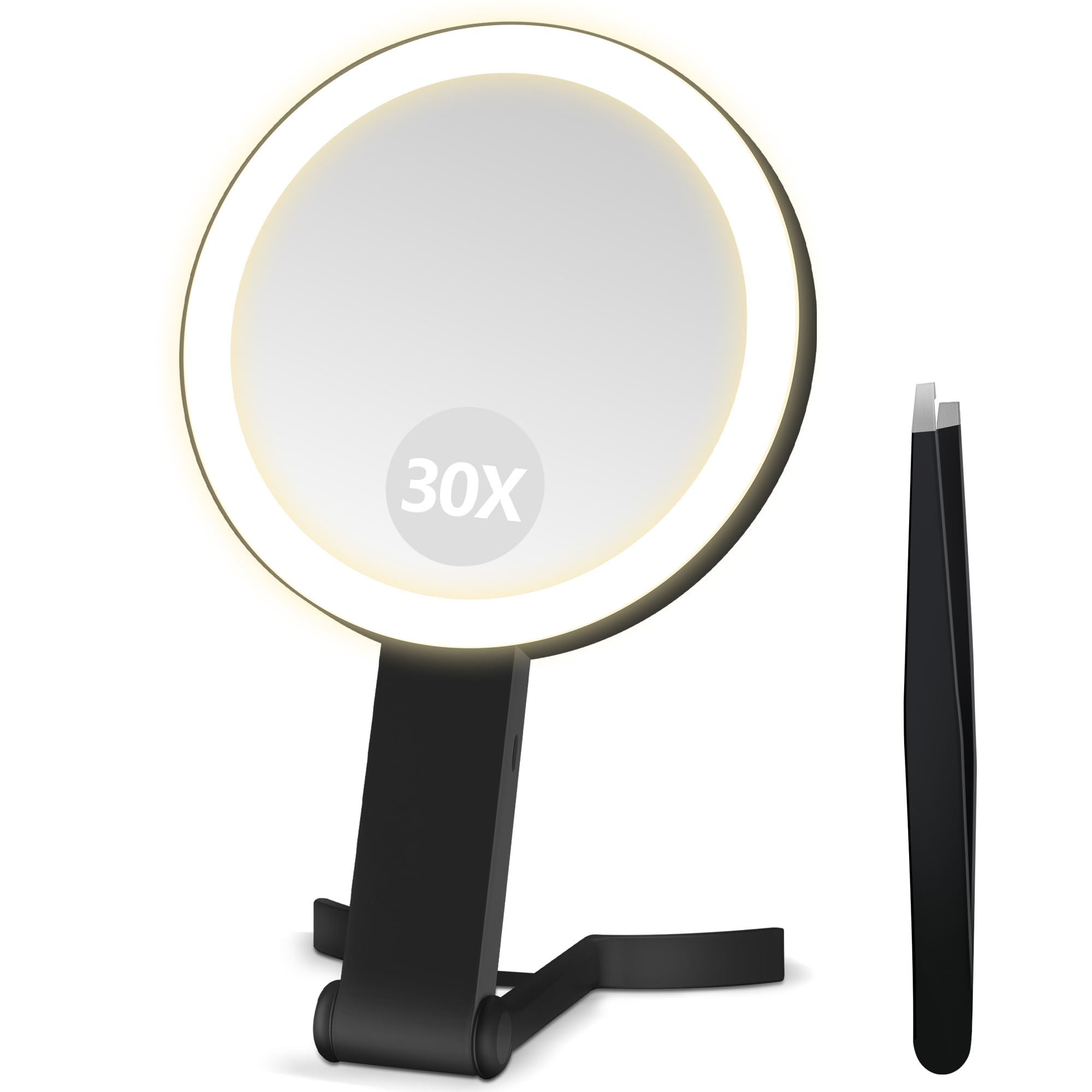 B Beauty Planet Vergrößerungsspiegel mit Licht, Doppelseitiger 30X/1X Vergrößerungsspiegel, Reise-Schminkspiegel mit 3 farbigen Lichtern, Faltbarer Makeup-Spiegel mit Tweezer, Handheld/Tabletop