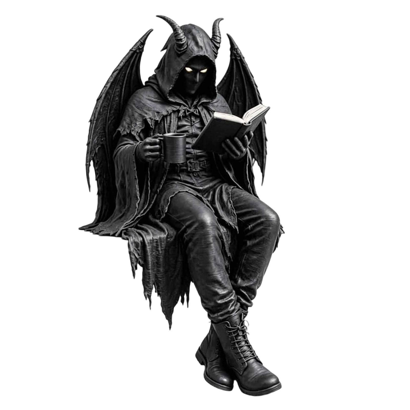 Corlidea Resin Gothic Table Decoration Statue Gothic Figurine Black Fantasy Reaper Sculpture Sitting Decoration for PC Shelf and Library