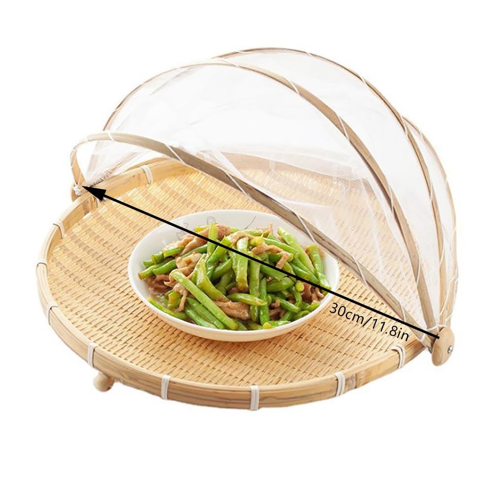 Food Serving Tent Basket with Cover, Round Hand Woven Covered Bread & Vegetable Fruit Basket Dustproof Food Storage Container with Mesh for Indoor Outdoor Home Kitchen (S)