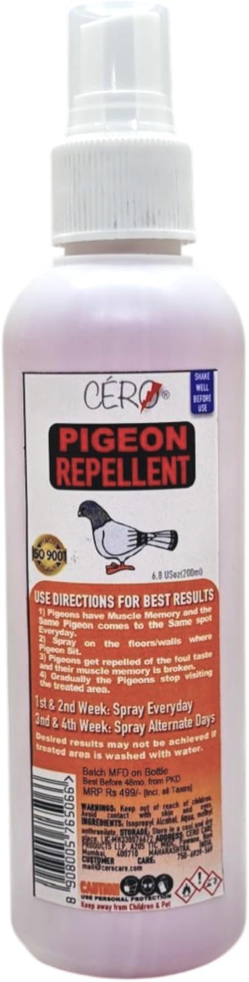 CERO New Herbal Pigeon Repellent for Balcony, Yard, Roof, Repel and Repulse, Unique Water Based Formulation, Better Than Anti Pigeon Spikes, Spray on Floor and Wall Where Bird Sit- 200 ml