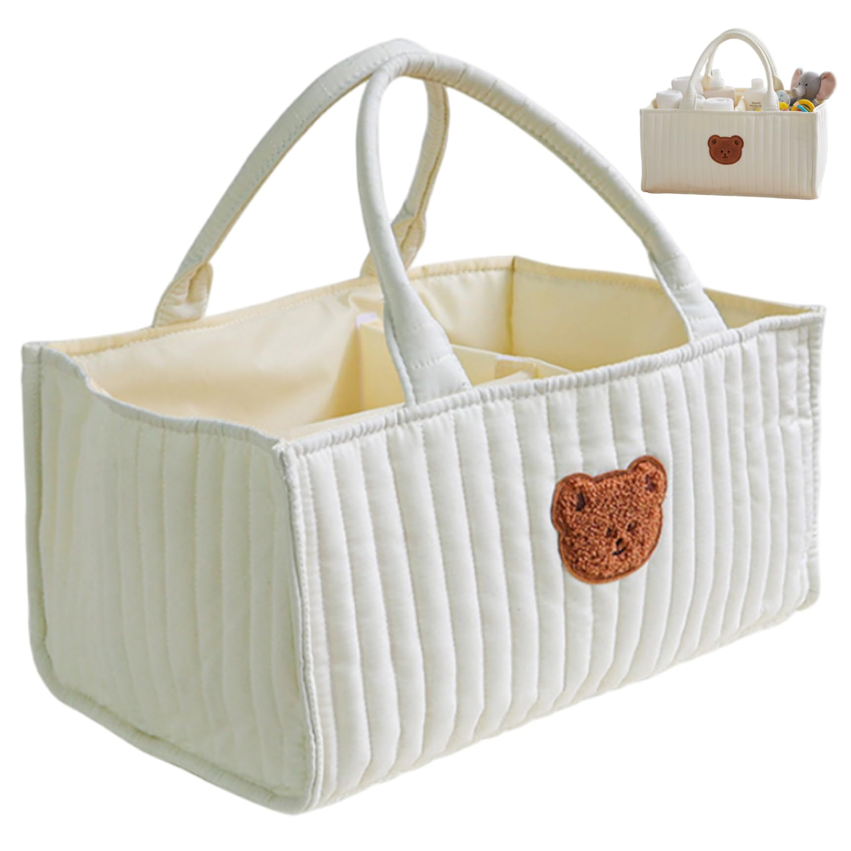 Faticenic Diaper Caddy, Portable Quilted Basket with Removable Dividers & Handles for Nursery, Nursery Storage Basket for Diapers, Wipes, Toys, Baby Essentials, White, Diaper Caddy, Garden Décor