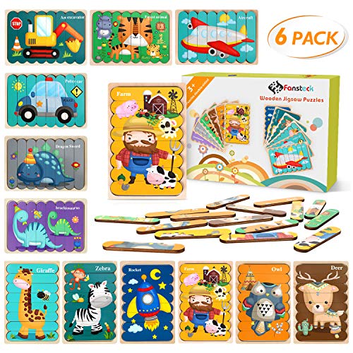 Fansteck Wooden Jigsaw Puzzles Sorting and Stacking Toys Peg Puzzles Animals & Transportation Montessori Preschool Educational Learning Toys Set for 3 4 5 Years Old (6 Boards & 48 Pieces)
