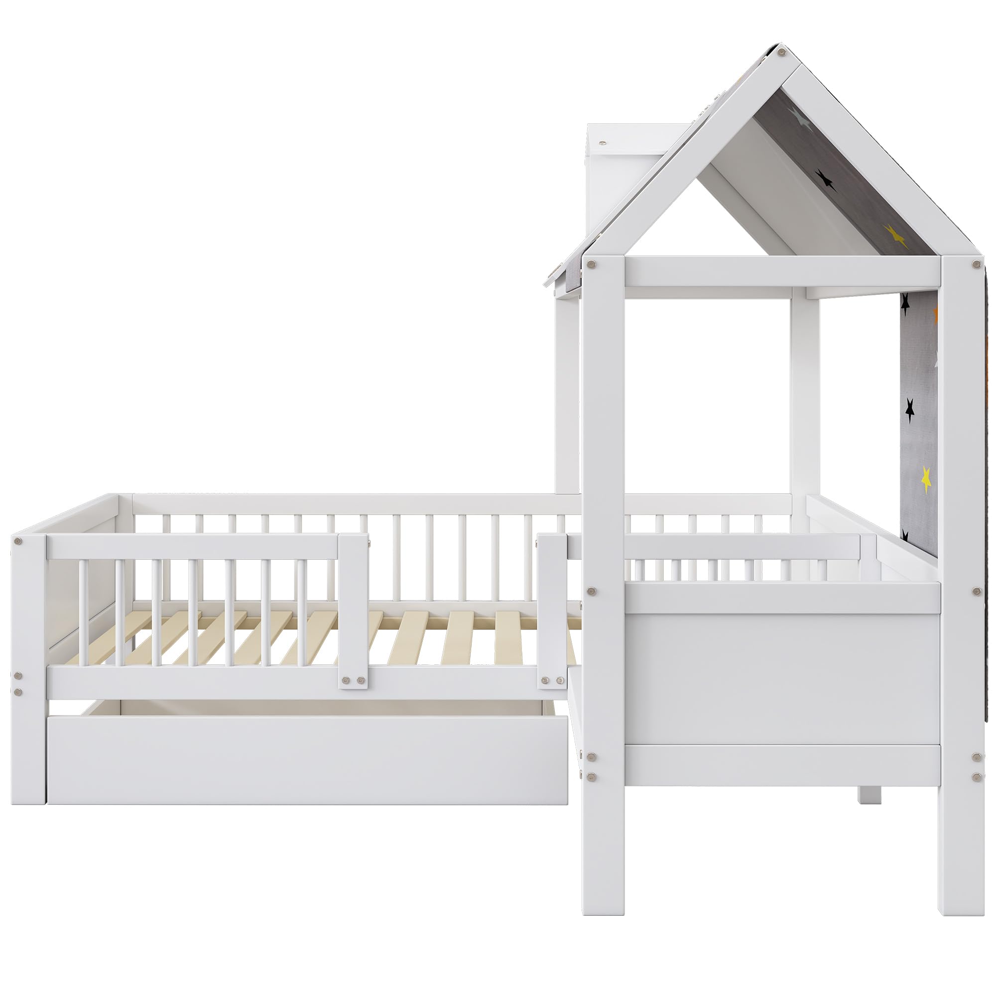 Kinderbett 90x200 cm, Hausbett mit Zeltstoff und Schubladen, Funktionsbett mit Fallschutz, Jugendbett Jungen und Mädchen, Ohne Matratze