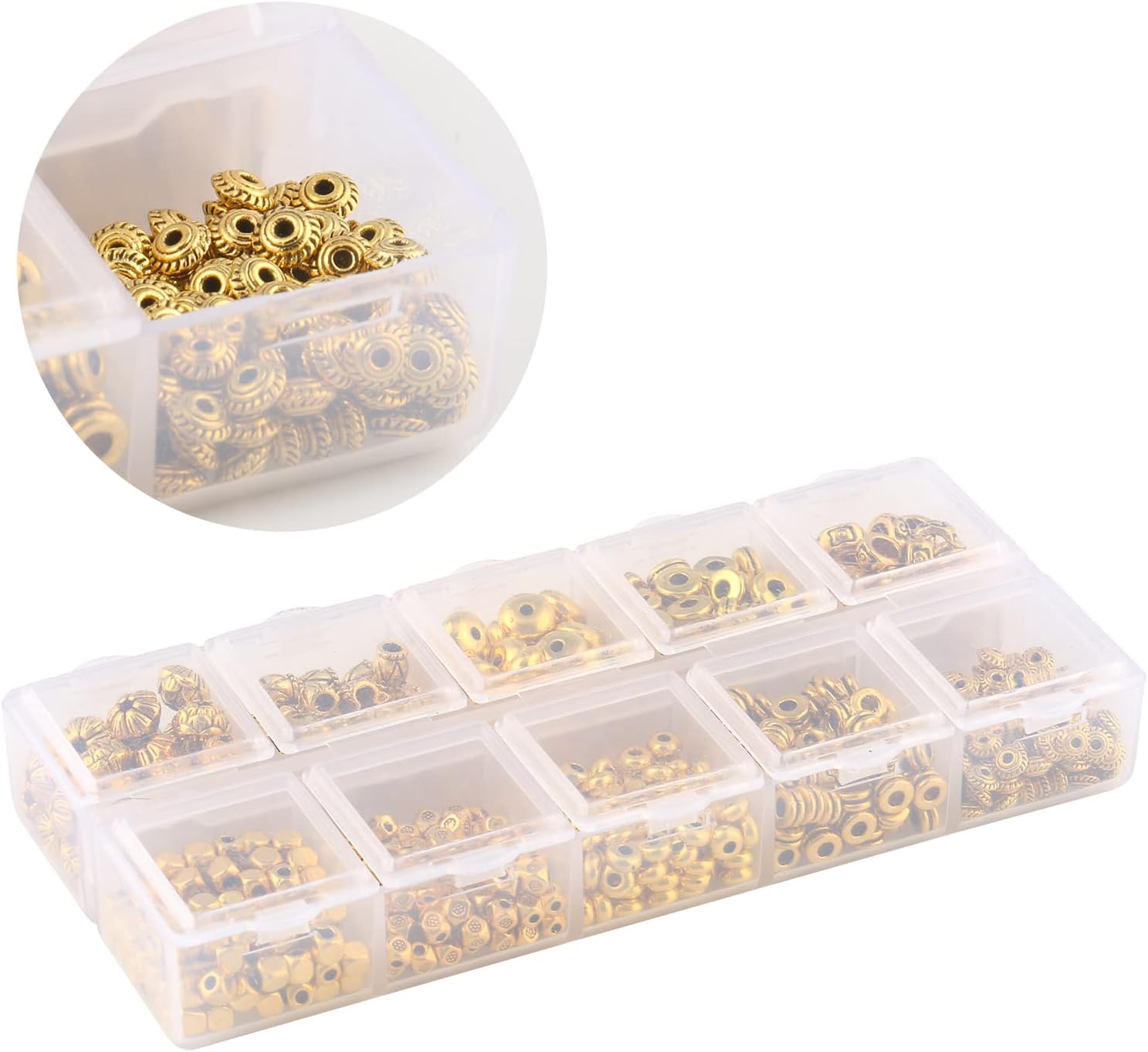 Song Xi 750pcs Antique Gold Spacer Beads 10 Styles Mixed Shape Tibetan Alloy Jewelry Beads Metal Spacer Beads for Jewelry Making