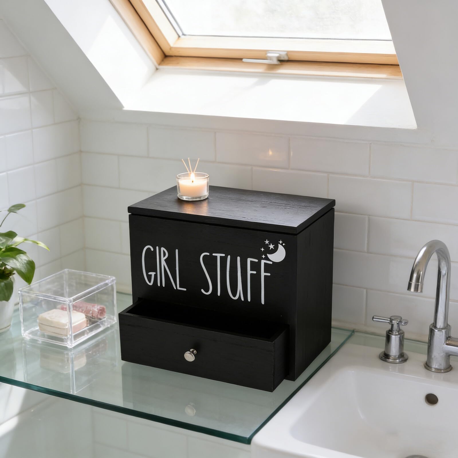 LIFKOME Tampon Aufbewahrungsbox mit Deckel aus Holz Badezimmer Organizer für Binden und Wattepads Staubdichte Damenhygiene Aufbewahrung in Schwarz Geräumig und Modern-rustikal Praktische