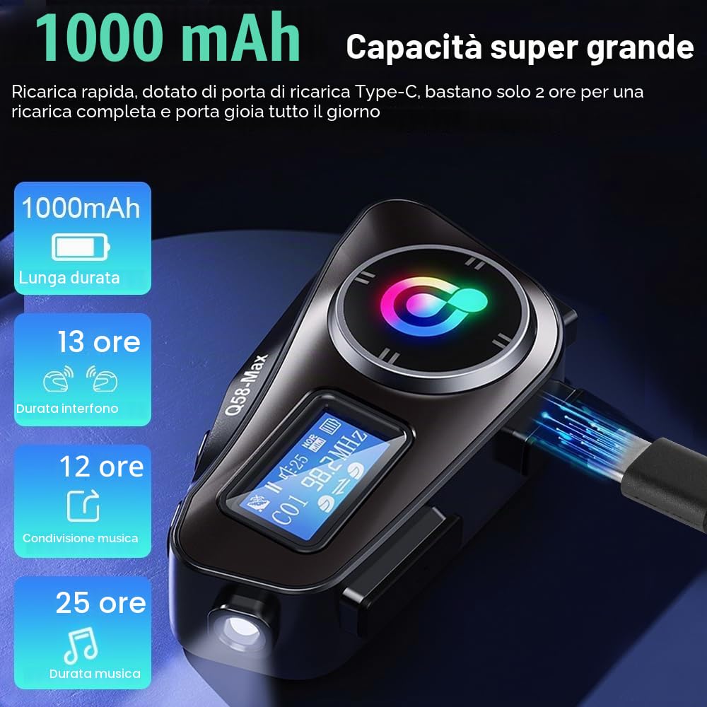 OBEST Interfono Moto Casco Auricolare 500M, Bluetooth Auricolare Casco Moto, Supporta FM Radio/TF Carta/Siri, Condividi Musica, IP65 Interfono Sistema Comunicazione con Luce Atmosferica, 1000mAh