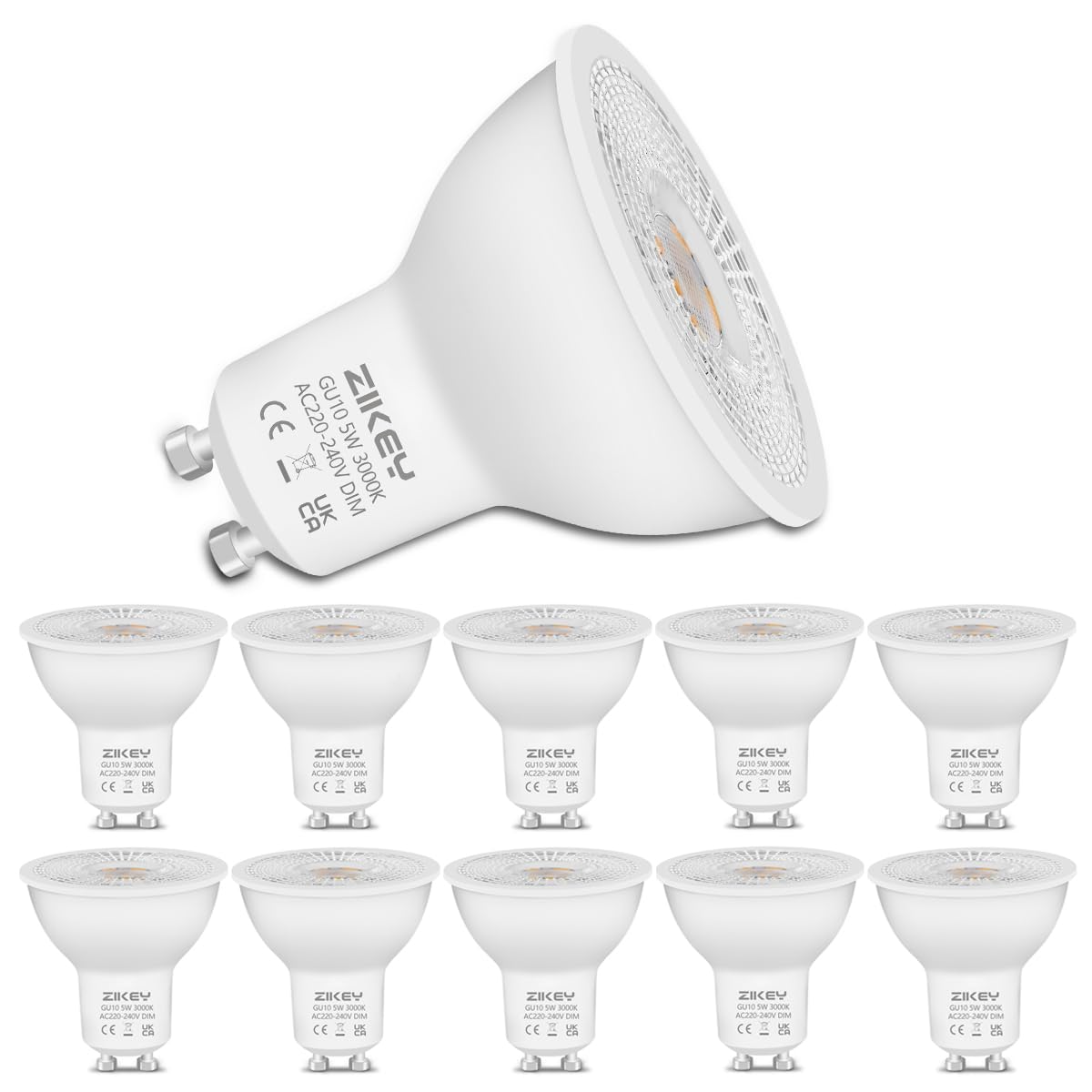 ZIKEY GU10 LED Bulbs Dimmable, 5W LED Spotlight Bulb, Warm White 3000K, 450LM, Equivalent to 50W, Energy-Saving GU10 Dimmable Light Bulbs, Pack of 10