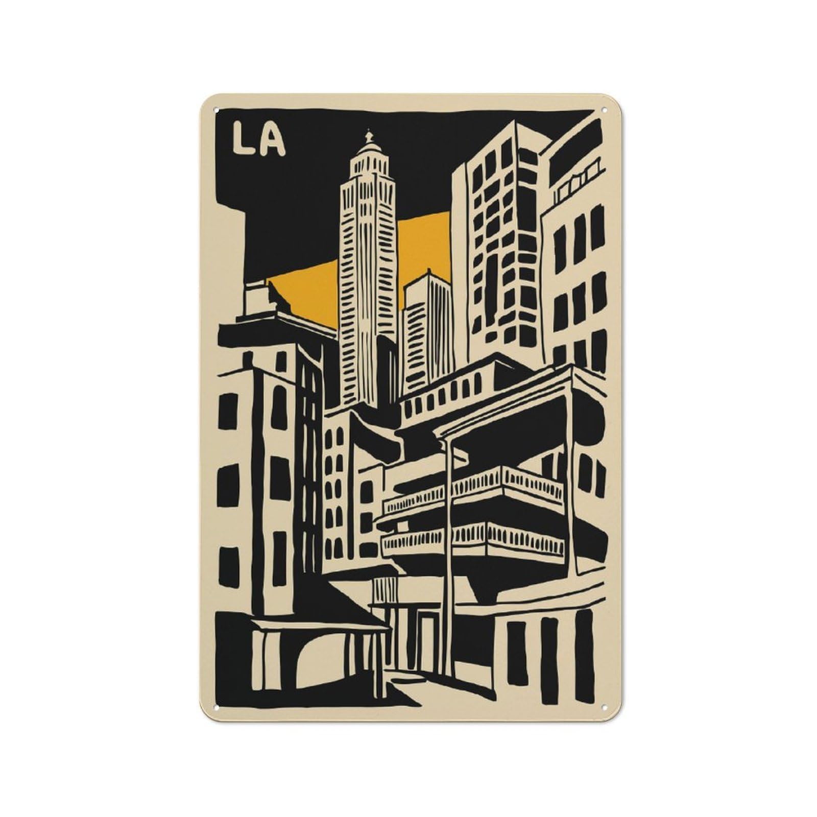 Junmoney Style-2 Los Angeles Cityscape Illustration Industrial Metal Wall Decor 30X20cm, Tin Sign For Workshop, Basement, Shed Or Games Room