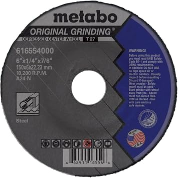 Metabo 4-1/2-inch Original Grinding Wheel | Type 27 | 4.5" x 1/4" x 7/8" | A24N | Aluminum Oxide | Fast & Reliable Results | Steel, Stainless Steel | US616726000