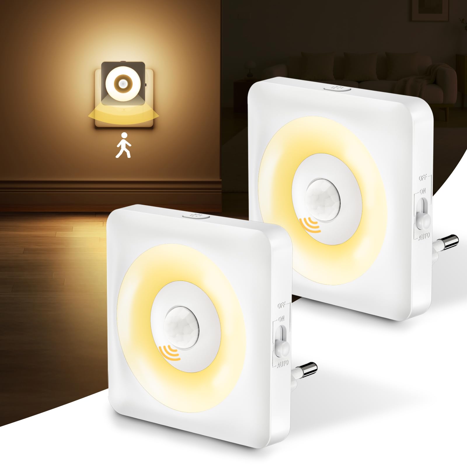 Swoieltr [2 Pieces] 2700K Night Lights with Motion Sensor Mode or Always On Adjustable Motion Sensor, CE Certified for Indoor Bedrooms, Living Rooms and Bathrooms