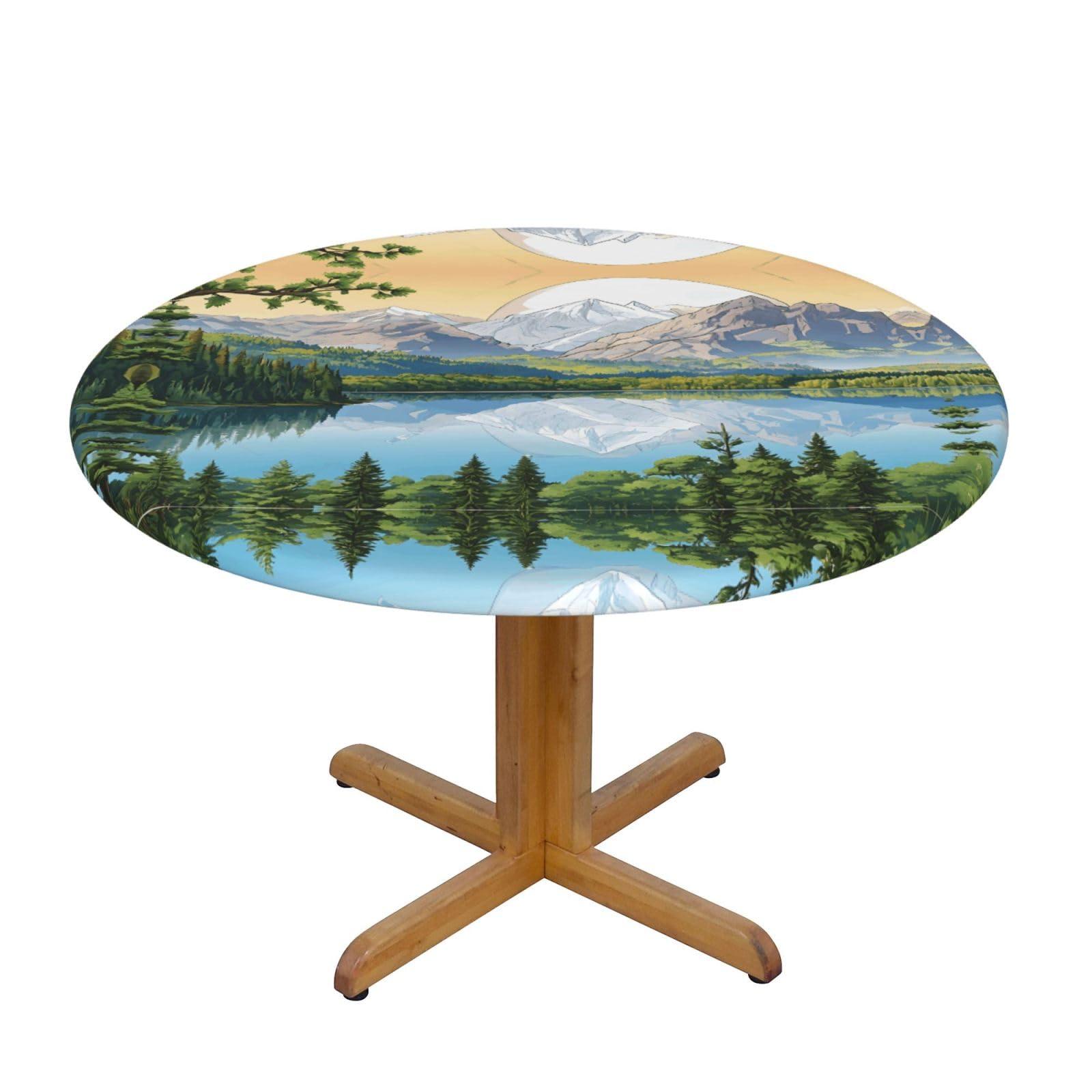 EZDLOWVBA Mountain Lake View Sunny Day Nature print Round Tablecloth with Elastic Fits Tables Outdoor Tablecloth,Stain Resistant Table Cover for Kitchen Dining Parties
