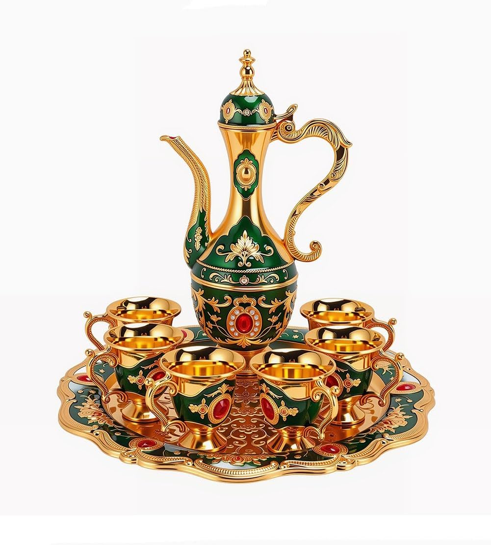 Vintage Turkish Tea Set with Tray and 6 Cups Retro Coffee Pot Cups Set Exquisite Wine Pot Set Decorative Vintage Tea Service Set for Home Party Decor (Green)
