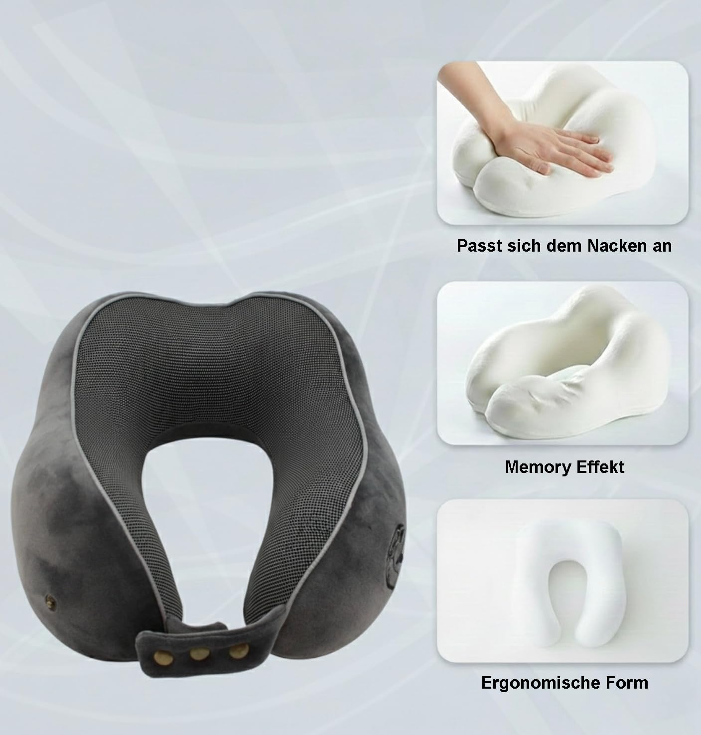 RAWS Coussin de voyage, en mousse à mémoire de forme, réglable, avec boutons-pression flexibles, pour soutien à 360 °, housse respirante et douce comme du velours, idéal pour les voyages