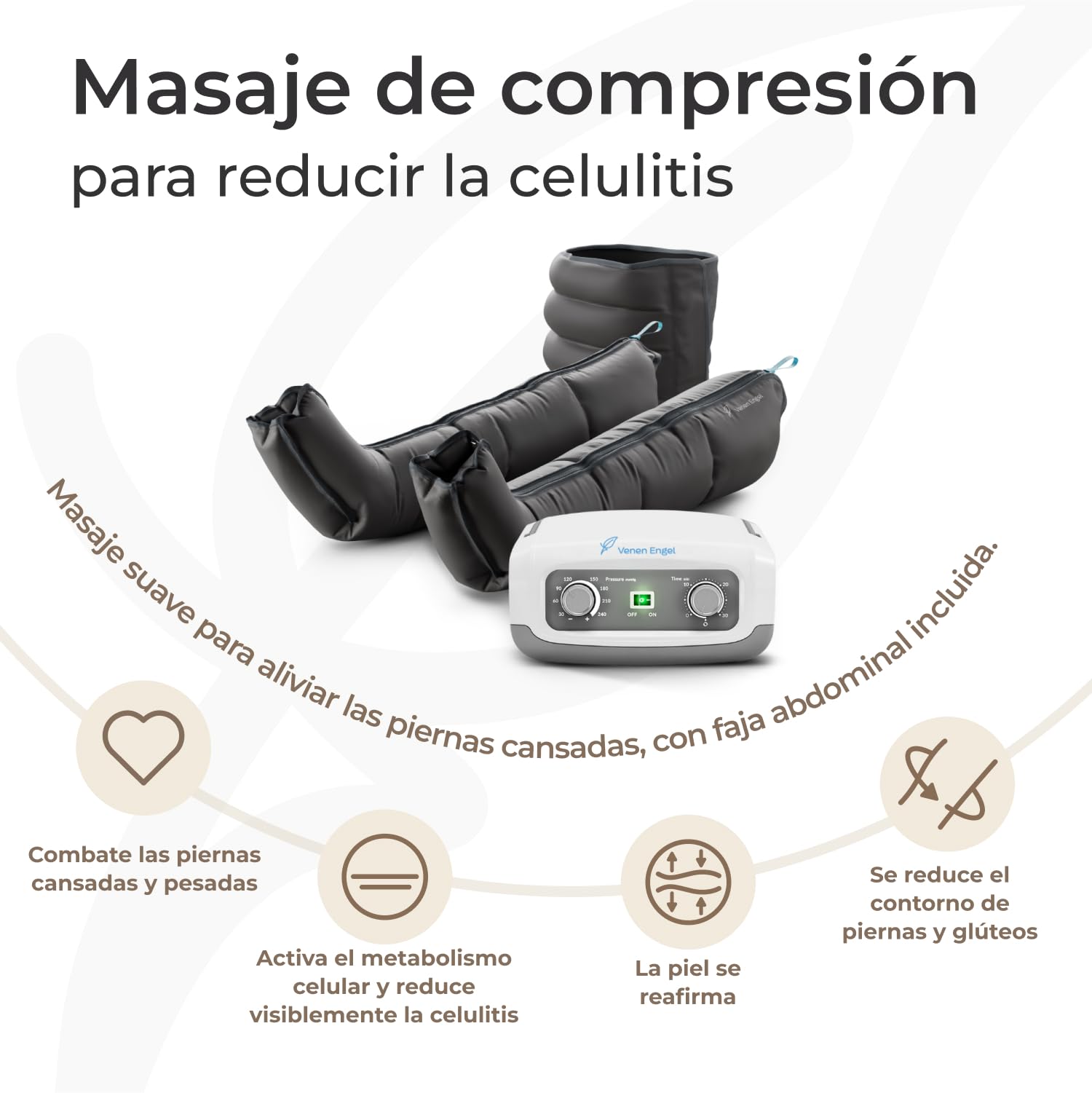 Venen Engel 4 equipo de masajes por presoterapia para casa con botas para las piernas y faja abdominal, 4 cámaras de aire, presión y tiempo fácilmente configurables